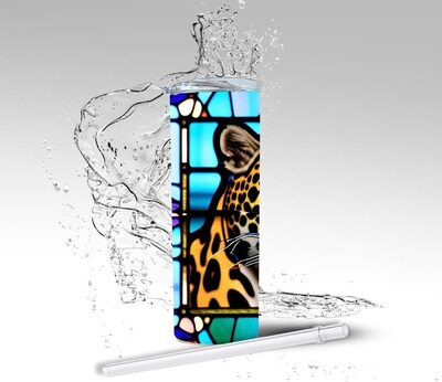Tumbler: Stained Glass Leopard, Sublimated 20 oz Skinny Tumbler - image3